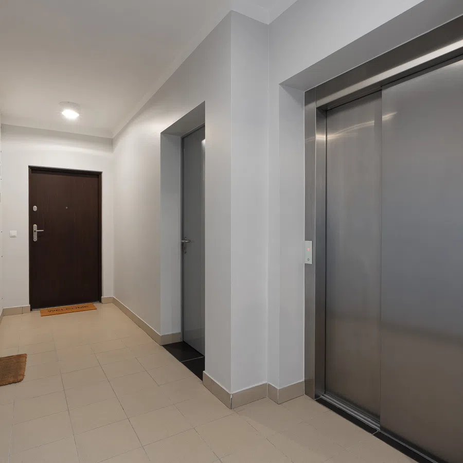 Modern hallway with closed stainless steel elevator doors and dark wooden apartment entrance door.
