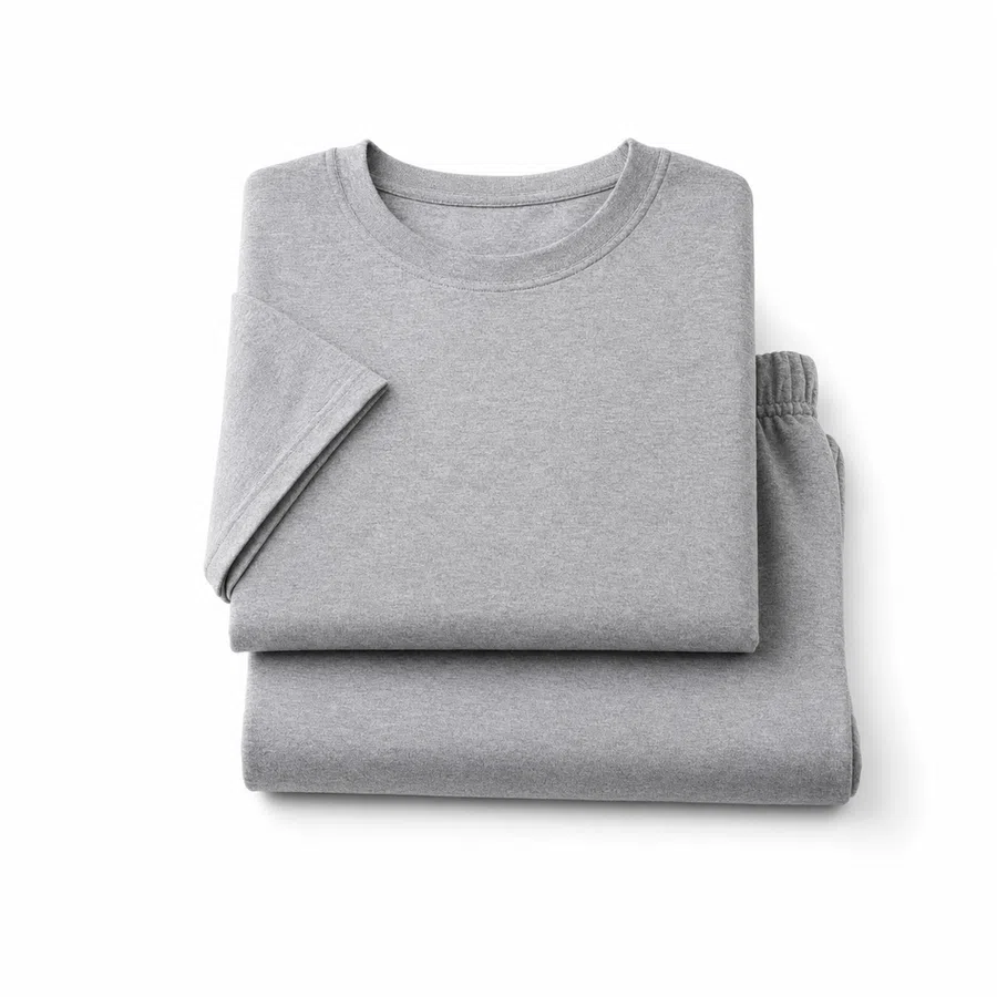 Folded gray crewneck sweatshirt and matching sweatpants set on a white background, casual wear.