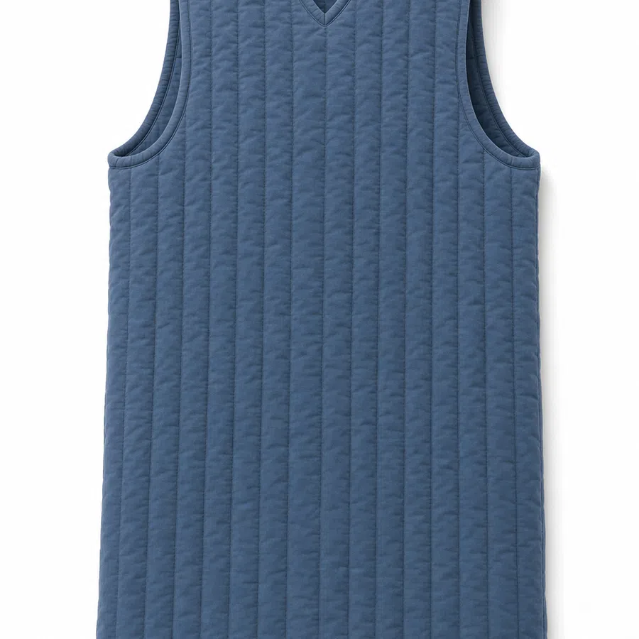 Blue quilted sleeveless vest with vertical stitching and V-neck collar on a white background