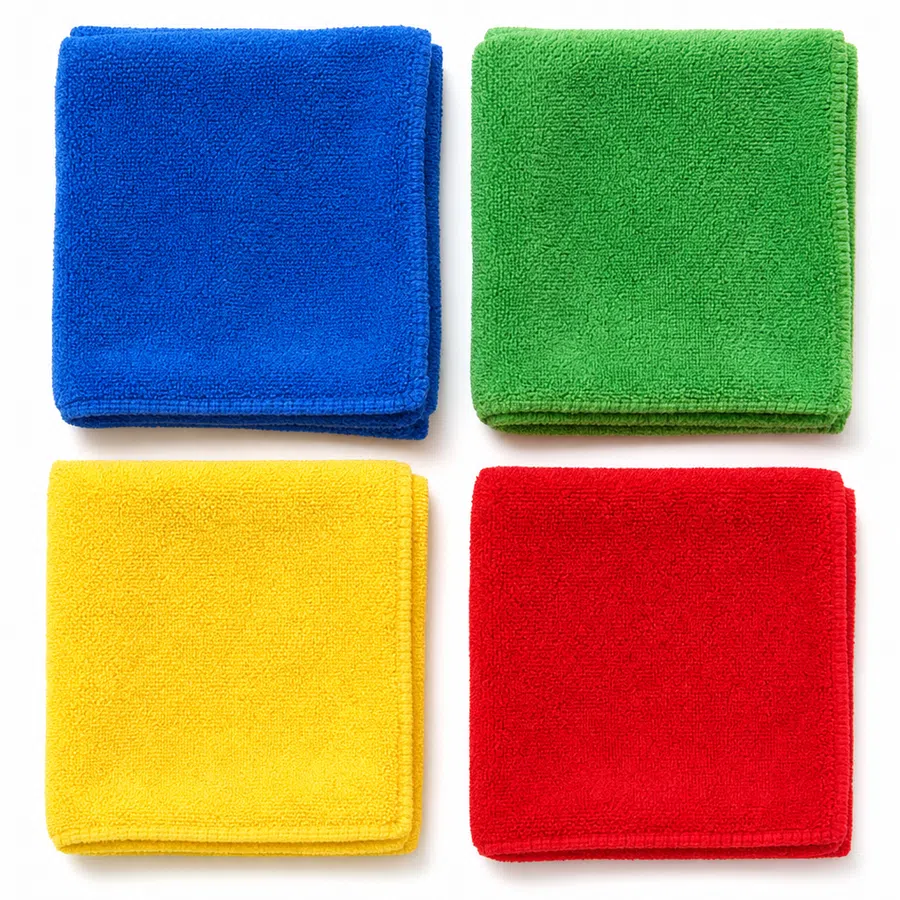 Four folded microfiber cleaning cloths in blue, green, yellow, and red arranged in a square on white background