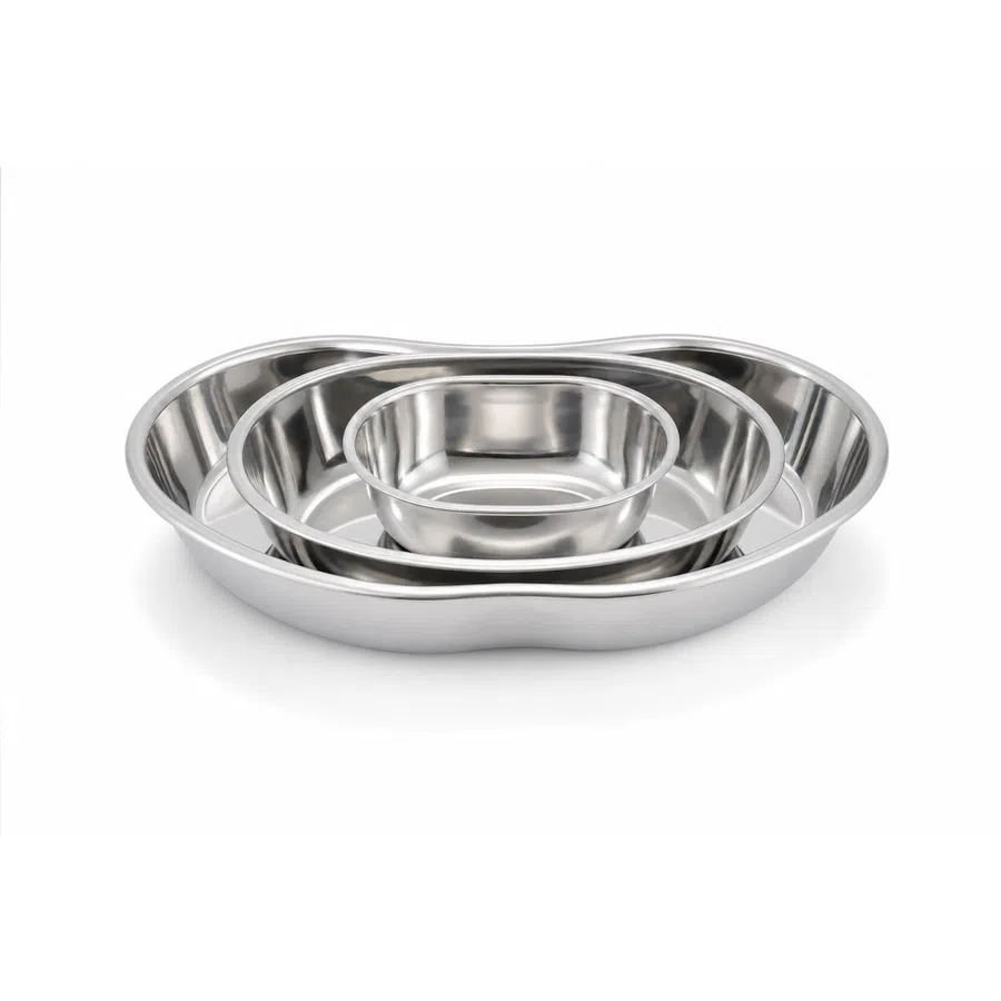 Three nested shiny stainless steel bowls on a white background with reflective surfaces