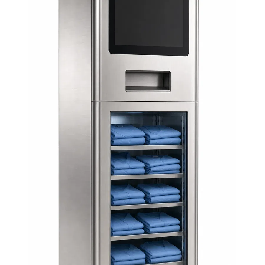 Stainless steel vending machine dispensing folded blue scrubs with digital screen and selection slot.
