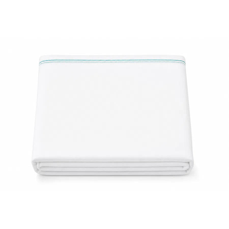 Folded white bed sheet with a subtle blue stitched border on plain white background.