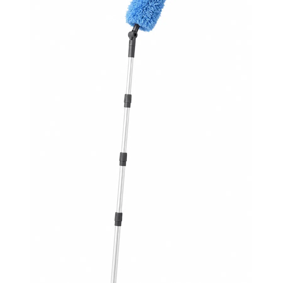 Extendable duster with a blue microfiber head attached to a telescopic silver handle for cleaning hard-to-reach areas.