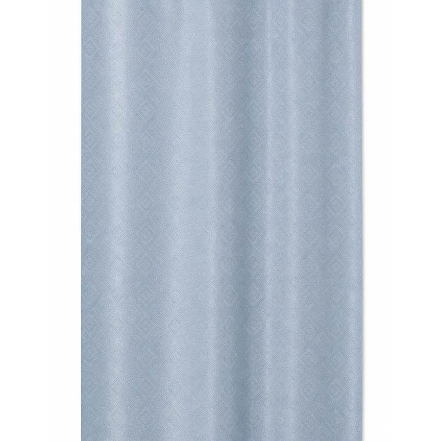 Light blue shower curtain with a subtle diamond pattern and white mesh top panel with metal grommets.