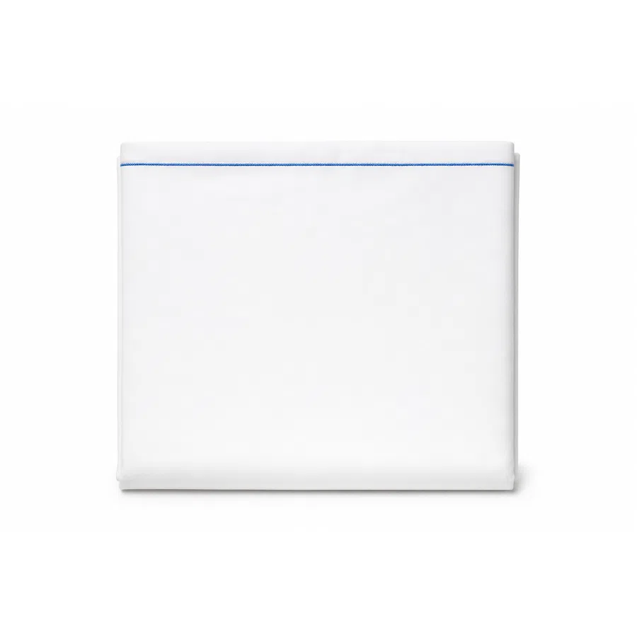 White folded bedsheet with simple blue stitching along the top edge laid flat on white background.