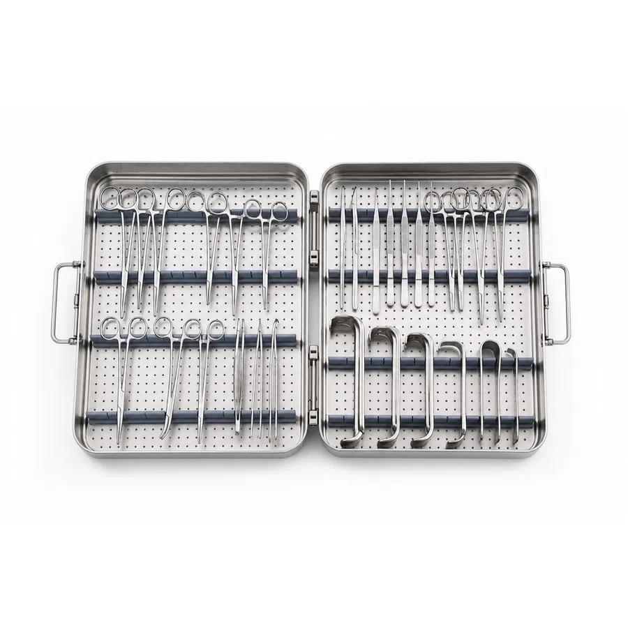 Open stainless steel surgical instrument case containing neatly arranged forceps, scissors, and clamps.