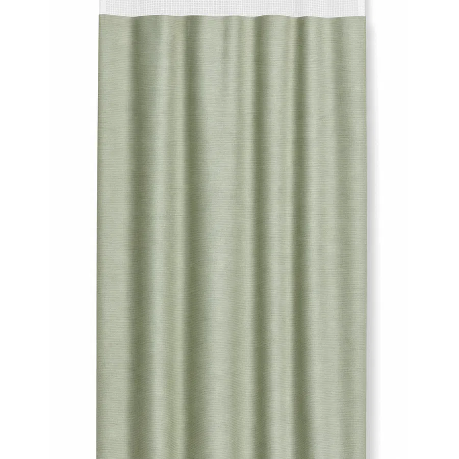Light green shower curtain with a white mesh top and metal grommet holes for hanging.