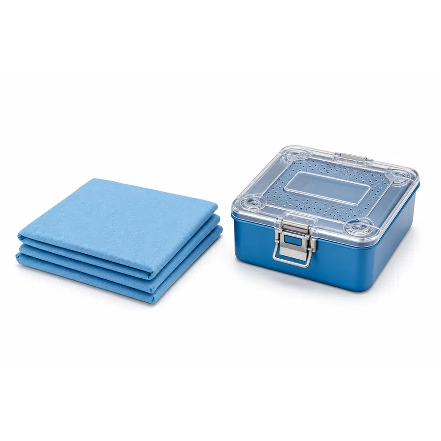 Blue sterilization container with transparent lid and folded blue surgical towels on white background