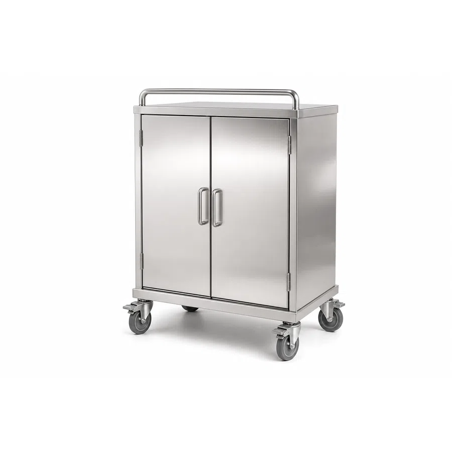 Stainless steel mobile cabinet with double doors, sturdy handles, and four caster wheels on a white background