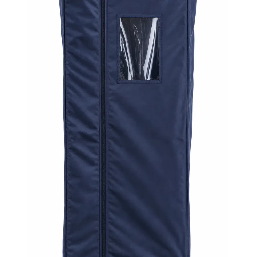 Navy blue protective cover with zipper and clear window on wheeled storage cart against white background