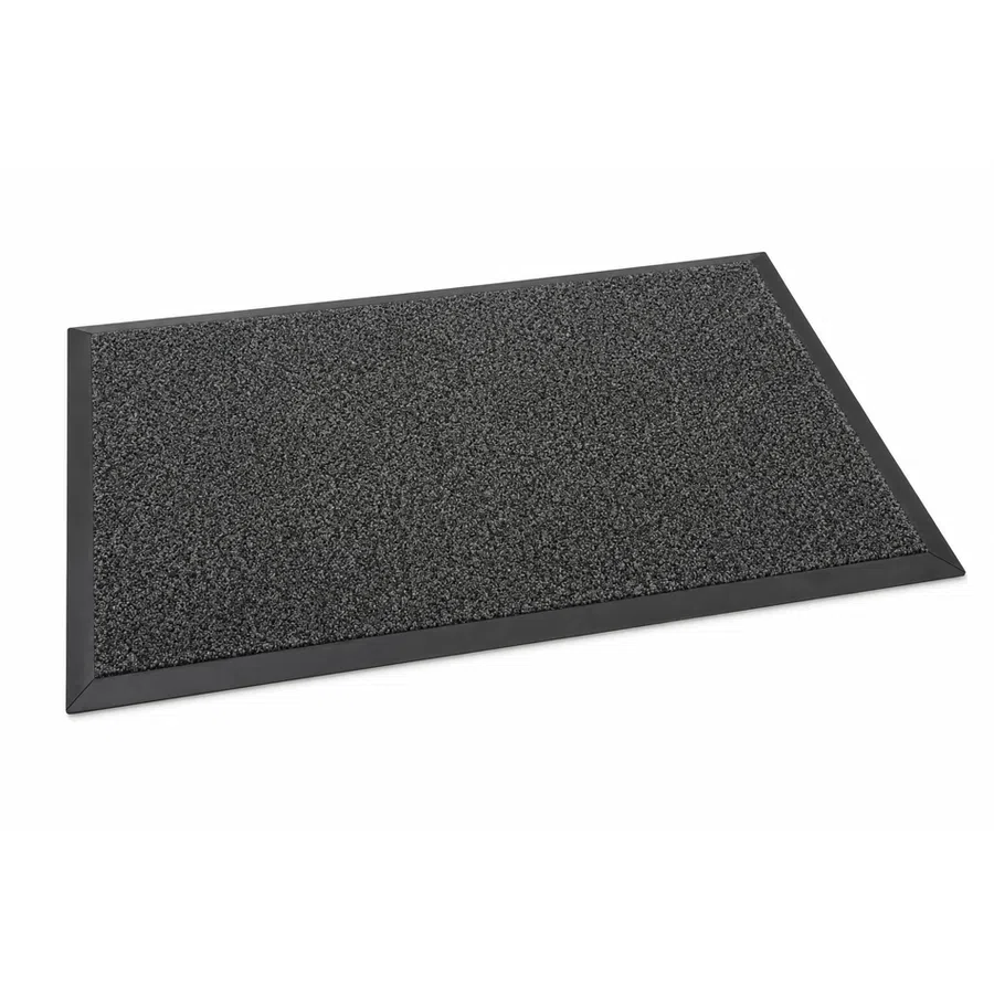 Rectangular black anti-fatigue floor mat with textured surface and beveled edges on white background