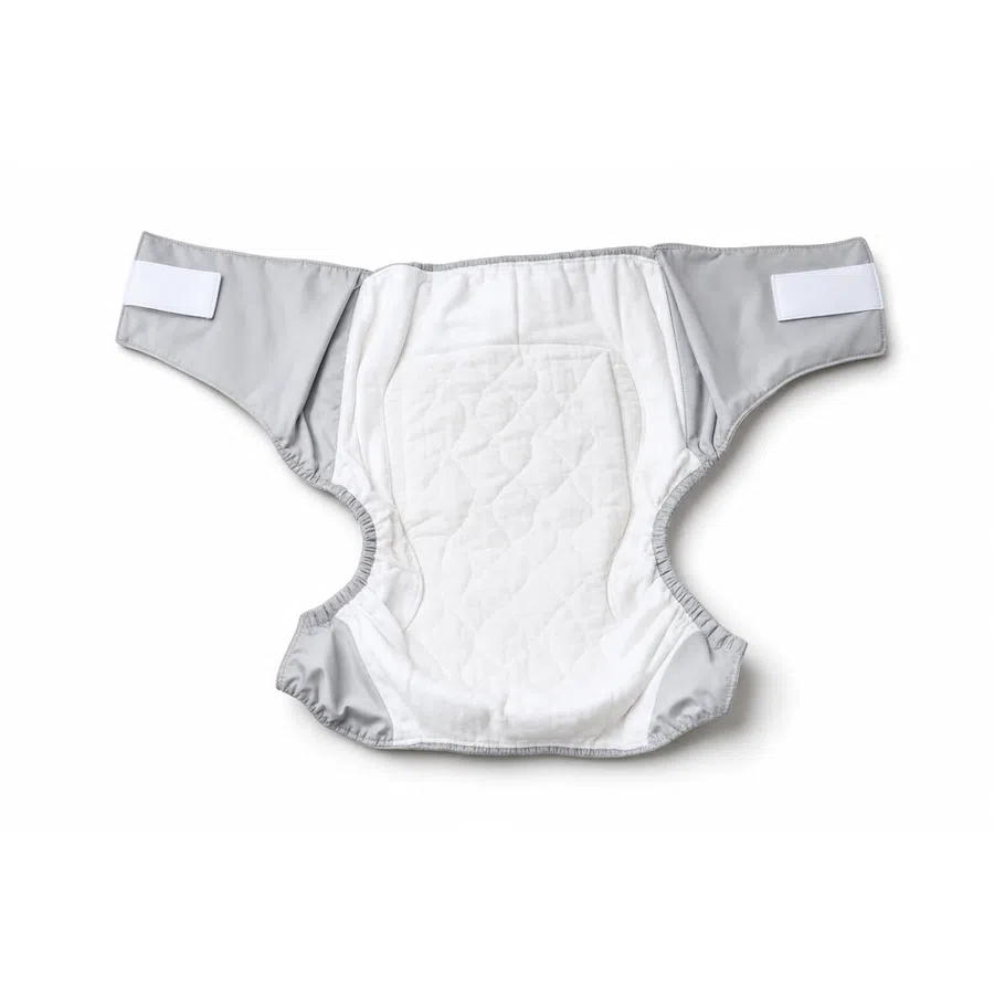 Reusable cloth diaper with gray outer flaps and white quilted inner lining laid flat