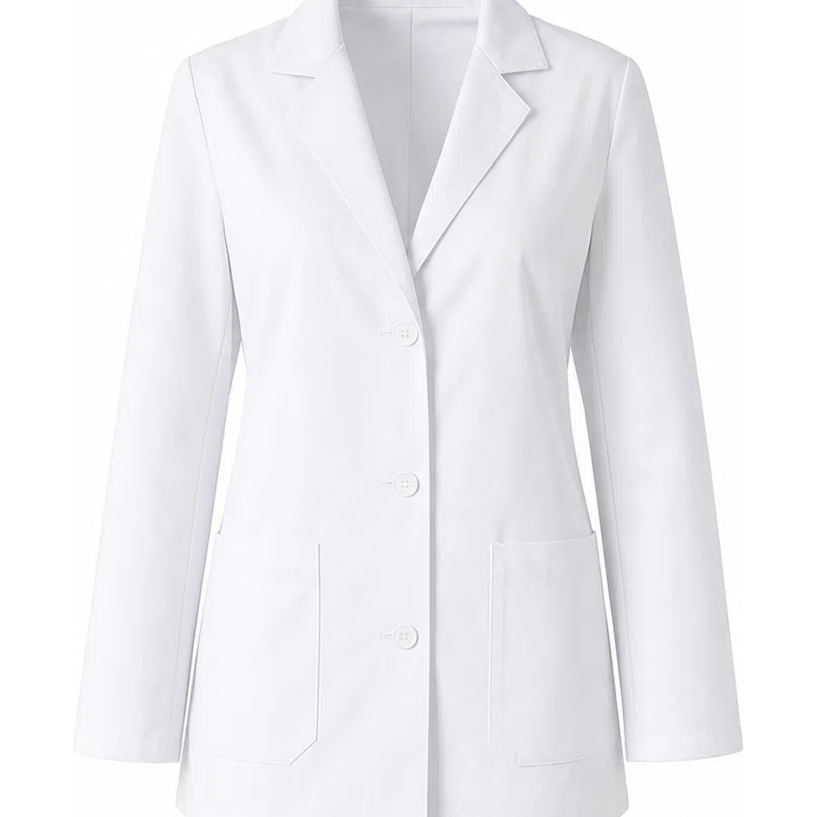 Front view of a white lab coat with long sleeves, lapel collar, three buttons, and two front pockets.