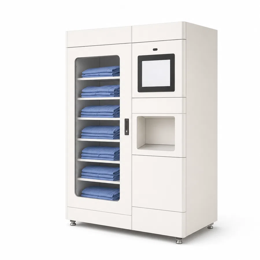 Modern white towel dispensing machine with touchscreen and stacked blue towels behind glass door.