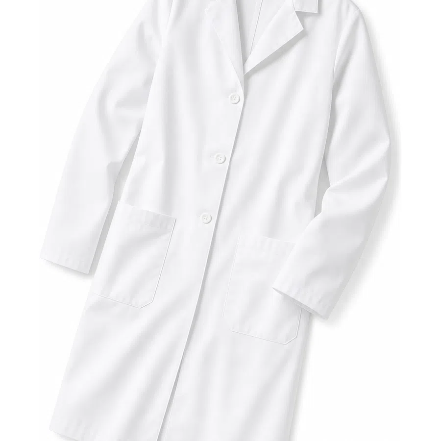 White long-sleeve lab coat with three buttons and two front pockets on a white background