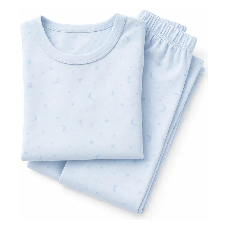 Light blue children's pajamas with moon and star patterns, folded neatly on a white background.