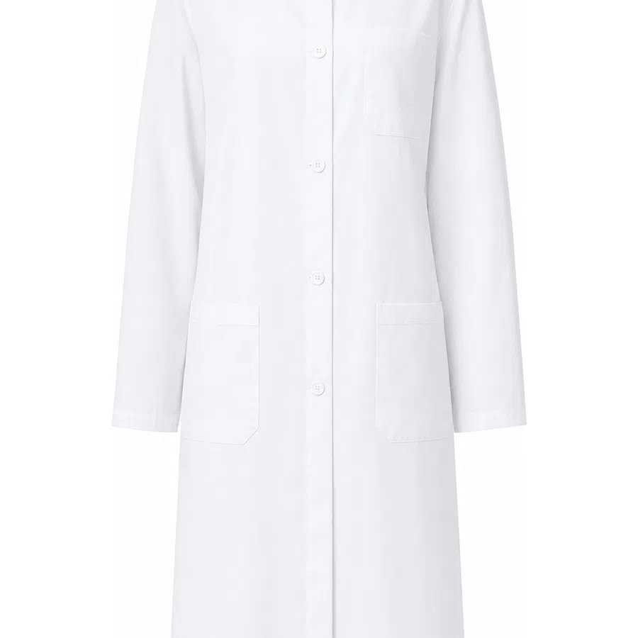 White long-sleeve lab coat with mandarin collar and three front pockets buttoned down the center.