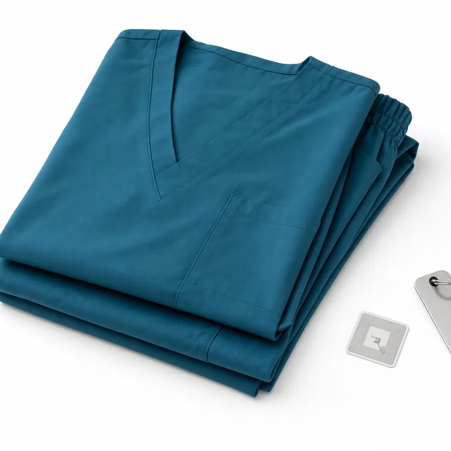 Folded teal medical scrubs with a silver key tag and RFID chip on a white background.