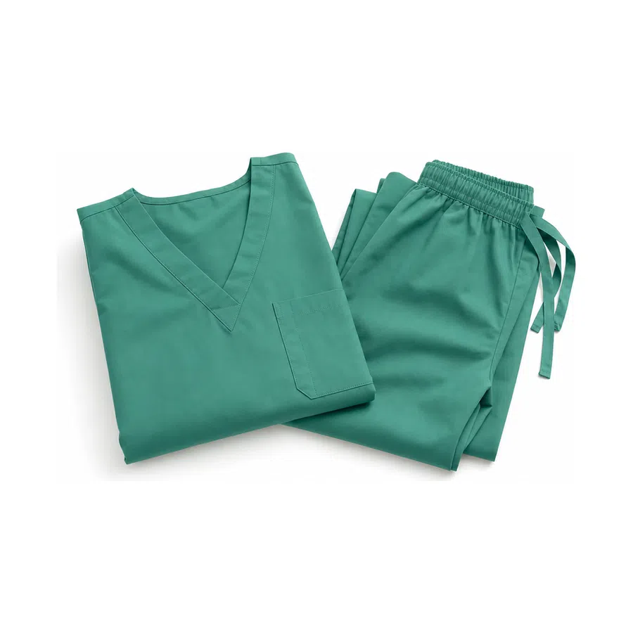Green medical scrubs uniform laid flat on a white background including V-neck top and elastic waist pants.