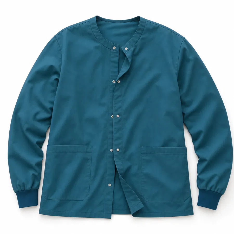 Teal blue scrub jacket with snap buttons and two front pockets on a white background, ideal for medical professionals.