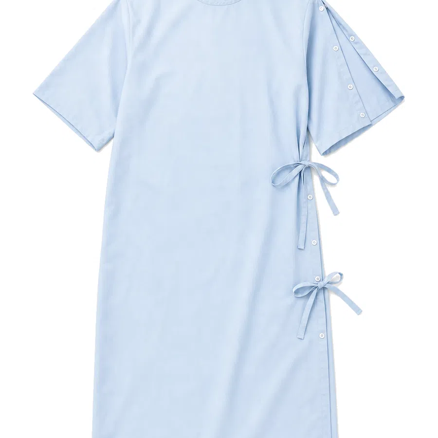Light blue medical gown with short sleeves and side ties for easy opening and secure fit.