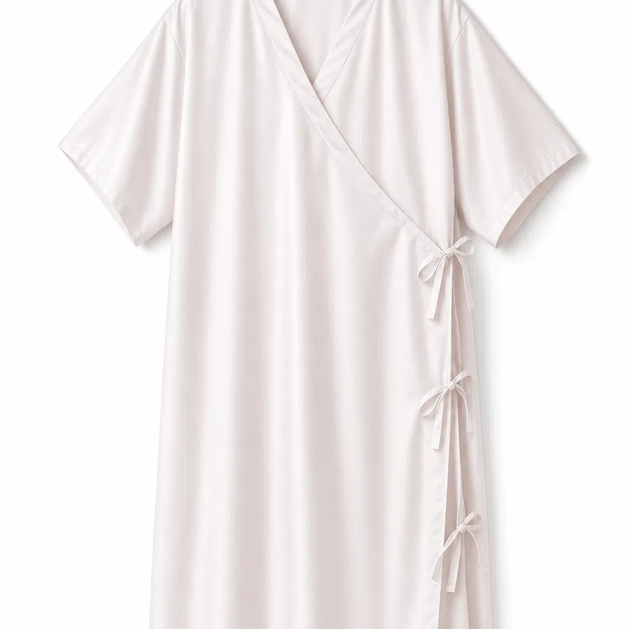 Light pink short-sleeve kimono-style dress with side tie closures on white hanger.