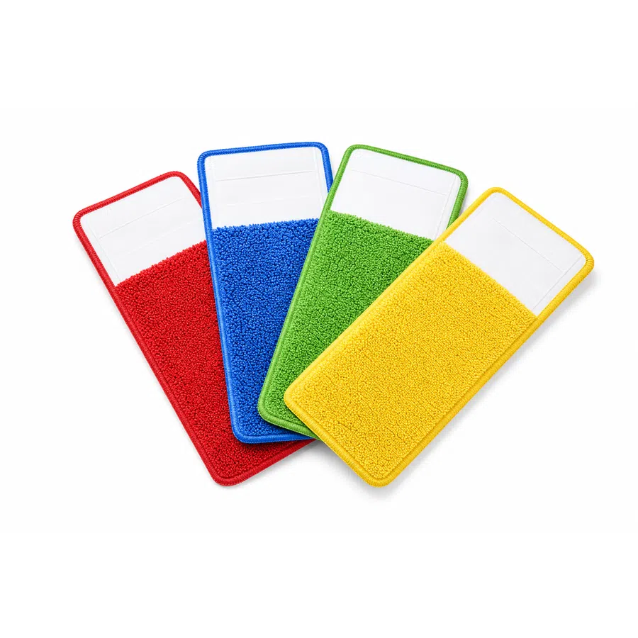 Set of four colorful rectangular cleaning pads in red, blue, green, and yellow with white label areas.