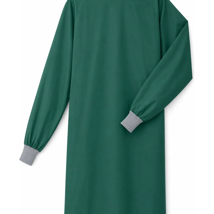 Dark green long-sleeve protective surgical gown with gray elastic cuffs and a round neckline on a white background