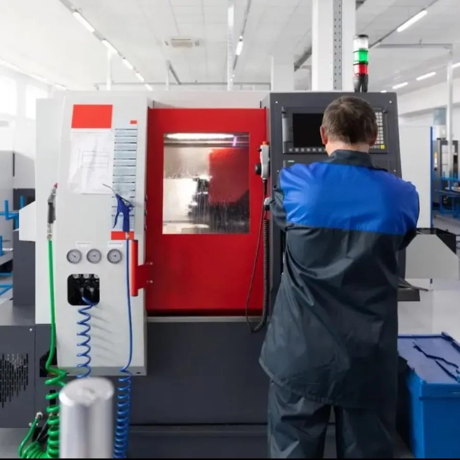 Technician operating CNC machine in bright modern industrial workshop with tools and machinery.