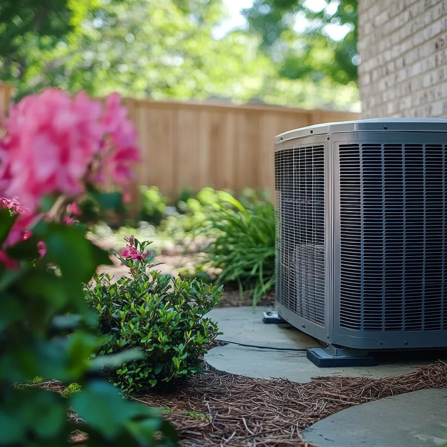 Outdoor air conditioning unit beside brick house with garden and pink flowers in the foreground.