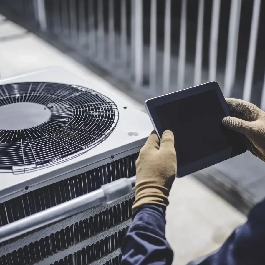 Technician wearing gloves using a tablet to inspect an outdoor air conditioning unit on a balcony.
