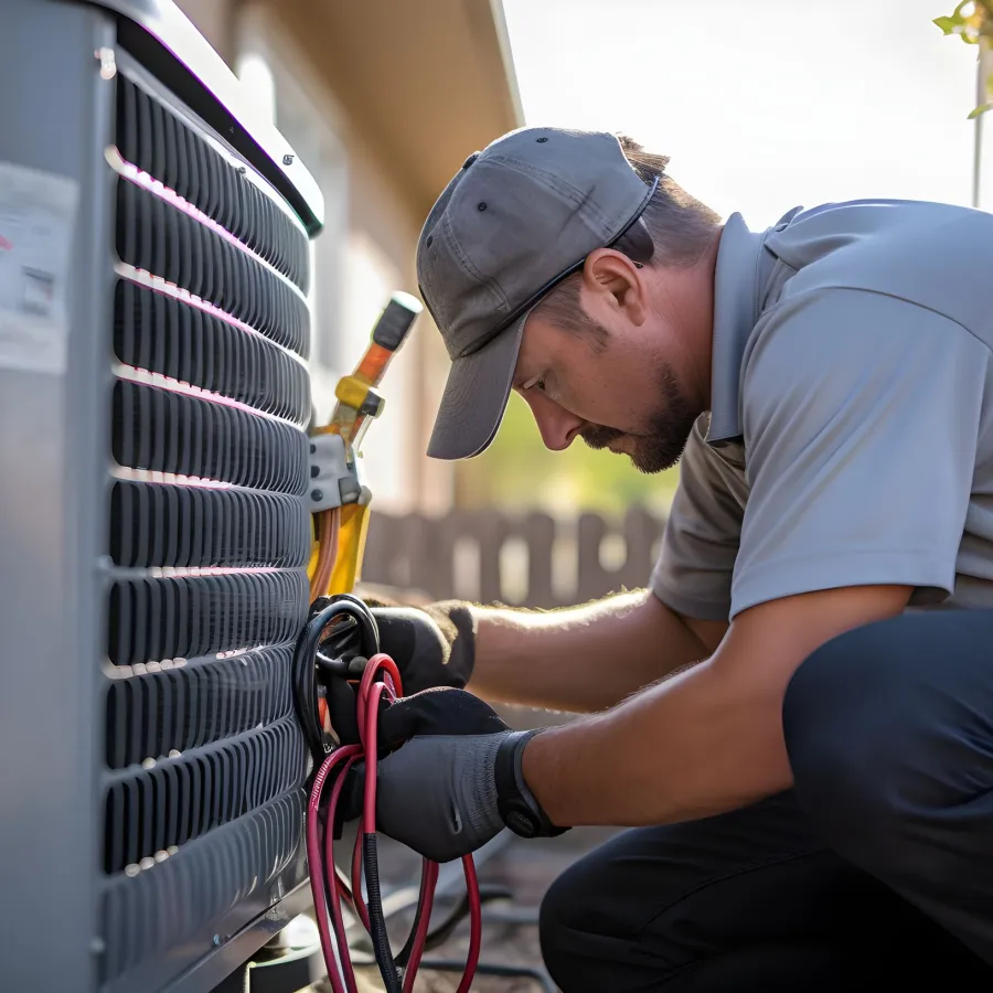 Technician in gray uniform repairing an outdoor air conditioning unit with wires and tools.