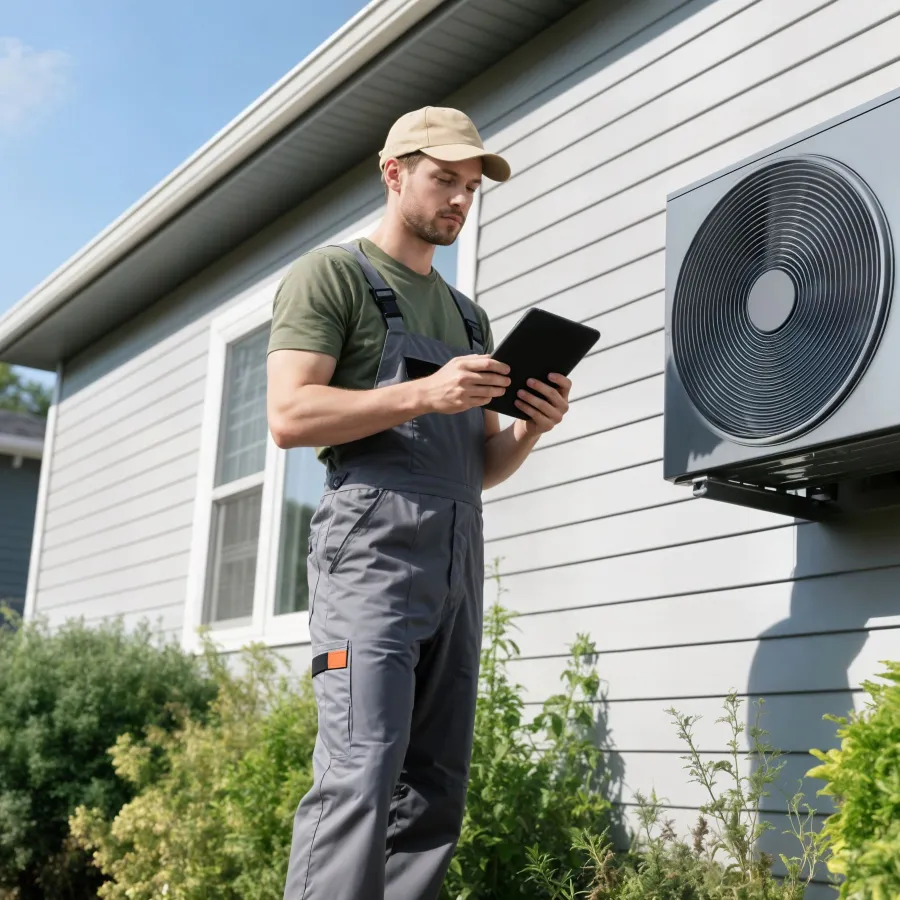 Technician in uniform using tablet to inspect outdoor air conditioning unit mounted on house wall.