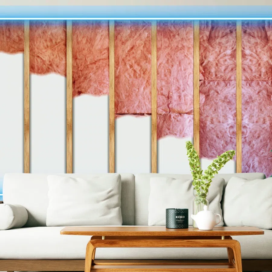 Modern living room with exposed wall insulation, white sofa, wooden furniture, and green plants under blue lighting.
