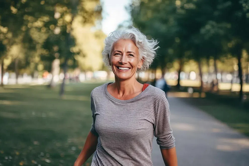 Smiling senior woman with white hair jogging in a sunlit park surrounded by trees and a paved path.
