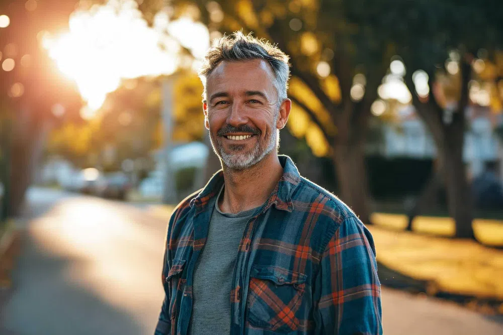 Smiling bearded man in rust-colored shirt sitting on couch in cozy modern living room with blurred kitchen background.