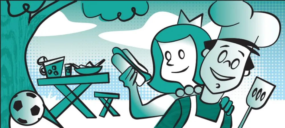 Cartoon chef and princess grilling outdoors with picnic table, soccer ball, and blue sky background.