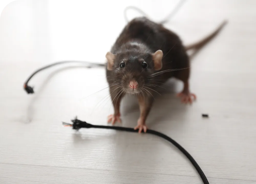 Brown rat with black eyes gnawing on a frayed black electrical wire on a light floor.