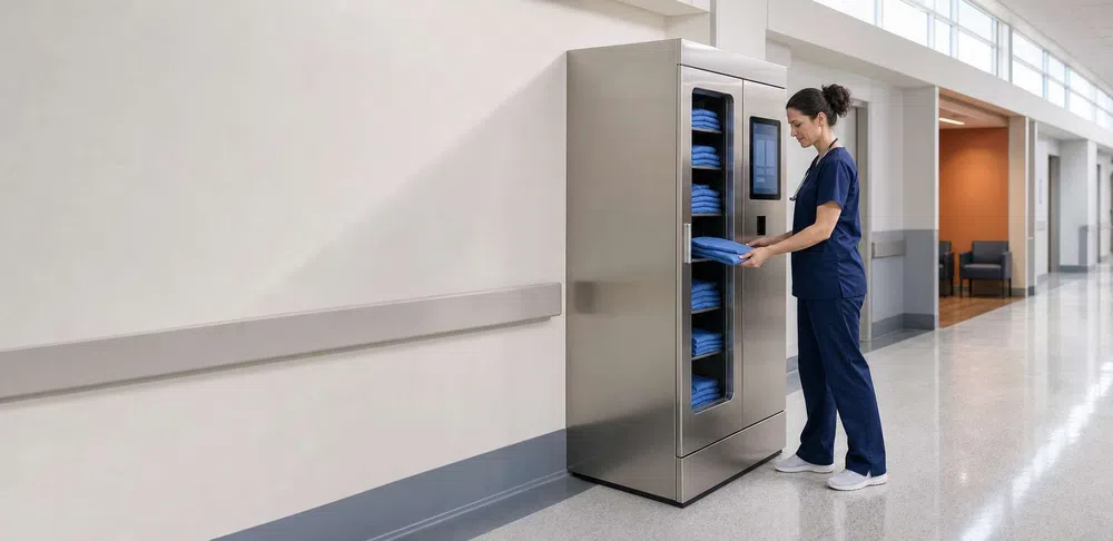 Healthcare worker in scrubs retrieving clean linens from a hospital hallway linen dispenser machine