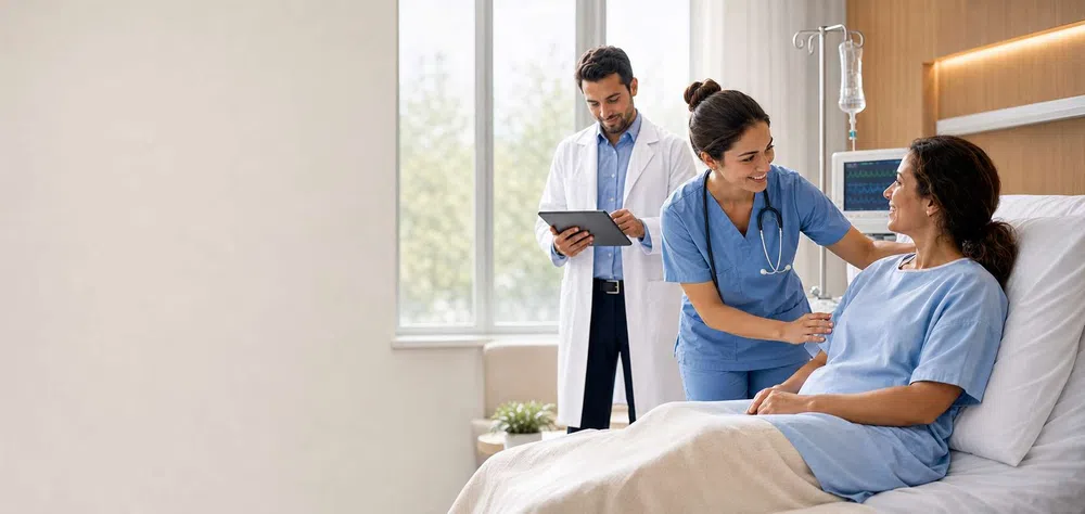 Nurse comforting female patient in hospital bed while doctor reviews notes on tablet in bright room.