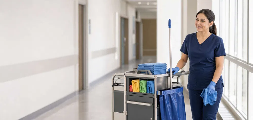 Smiling female janitor in navy uniform pushing a cleaning cart with colorful towels and mop in a bright hallway.