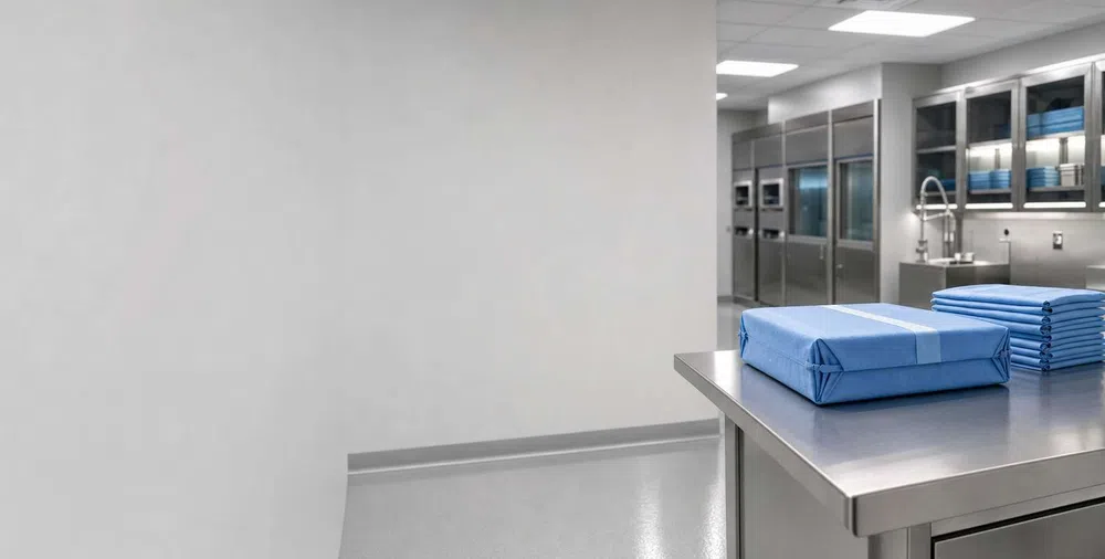 Sterile hospital linen storage room with neatly folded blue sheets on stainless steel table and clean surroundings.