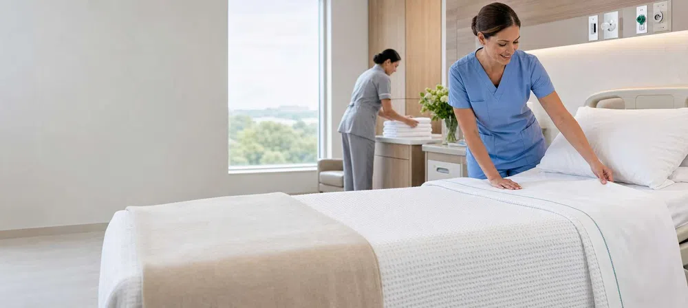 Two nurses in scrubs preparing a hospital bed with fresh linens in a bright patient room with window view.