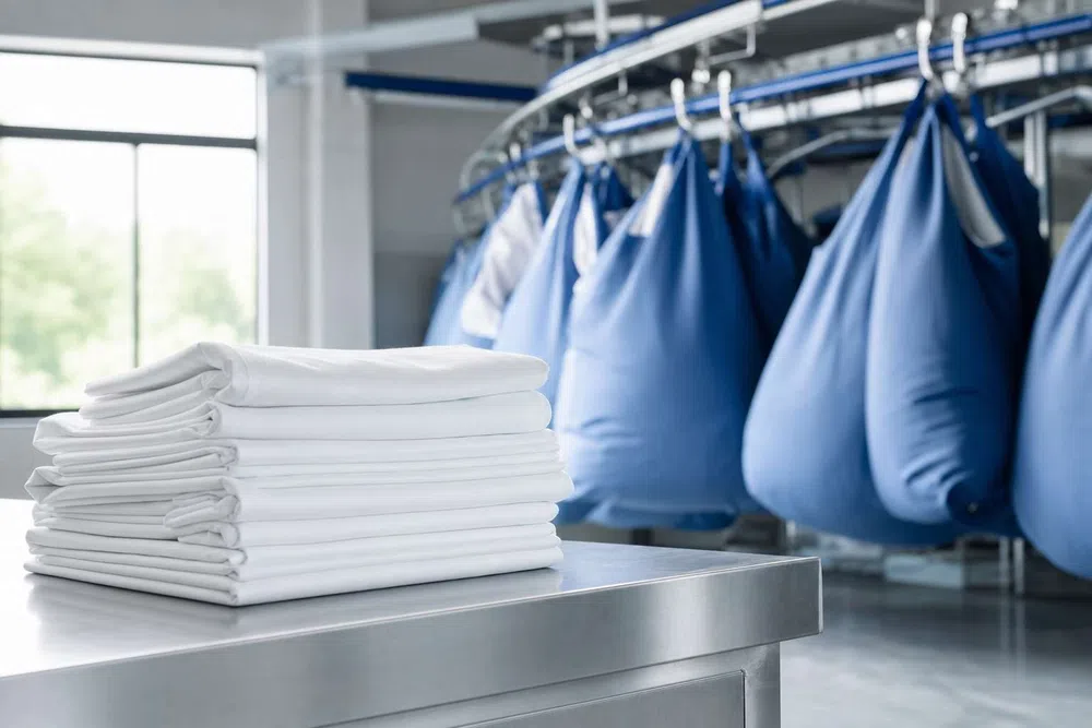 Stack of freshly folded white linens on metal table with blue laundry bags hanging in background in bright room