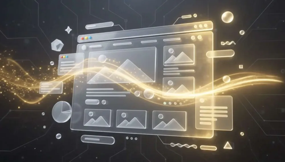 Glowing futuristic website layout with flowing golden wave and digital interface elements on dark background.