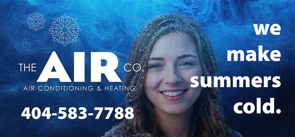 Smiling woman with frost effect, snowflakes, and text promoting air conditioning company making summers cold.