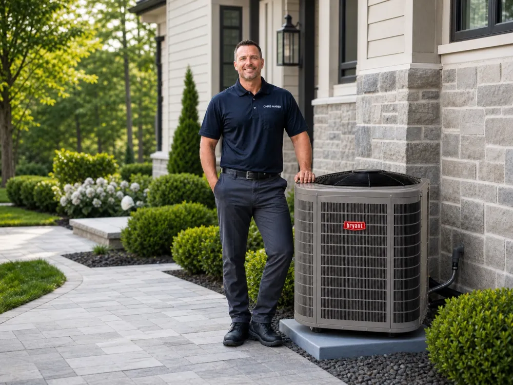 Technician standing next to a Bryant air conditioning unit outside a modern home with landscaped yard.