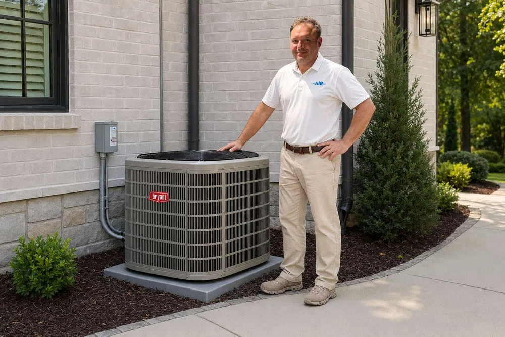 Technician standing next to a Bryant HVAC unit outside a house with beige siding and greenery.