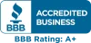 BBB Accredited Business logo with a blue flame icon and A+ rating text